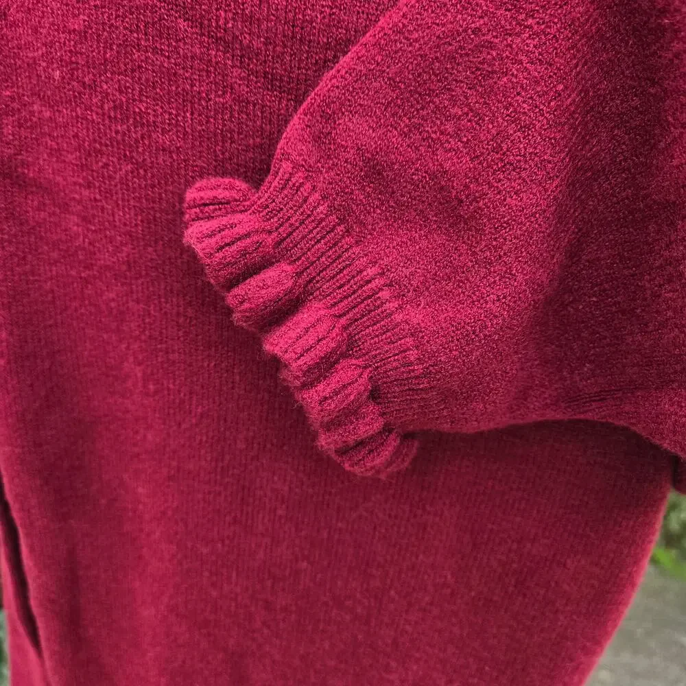 Demure BTFBM Cranberry Holiday Henley High Neck Pullover Sweater Ruffles Buttons